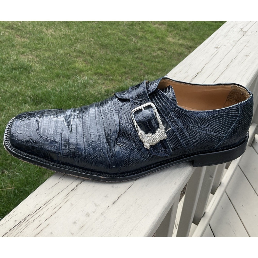 David Eden YUMA Mens Size 11 Genuine Crocodile Teju Lizard Dress Shoe Black Monk - Picture 2 of 16